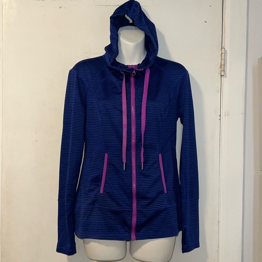 LUKKA Blue and Black Striped Hoodie Full Zip Workout Jacket-S